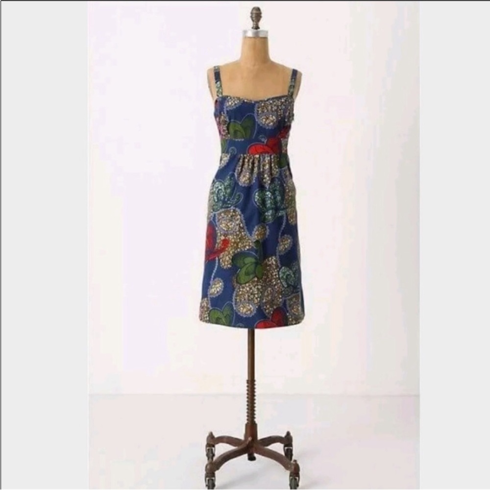 Anthropologie Made in Rwanda Ikinimbe Dress Size 4 Rare Blue Boho Floral Artisan - Picture 2 of 8